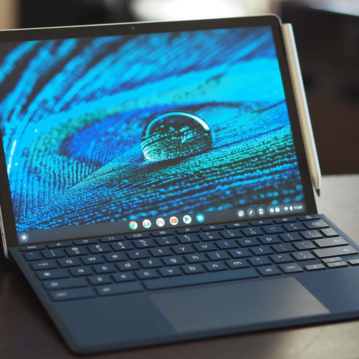 HP Chromebook x2 11 sitting on table top (front view).