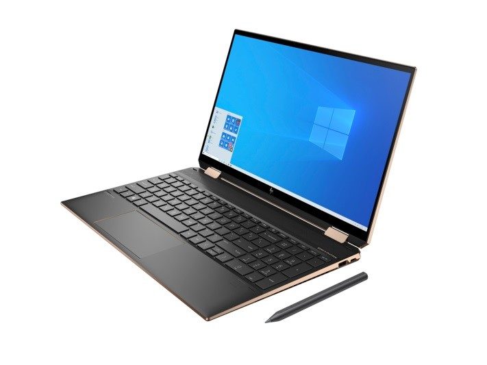 HP Spectre X360 convertible laptop side view with stylus.