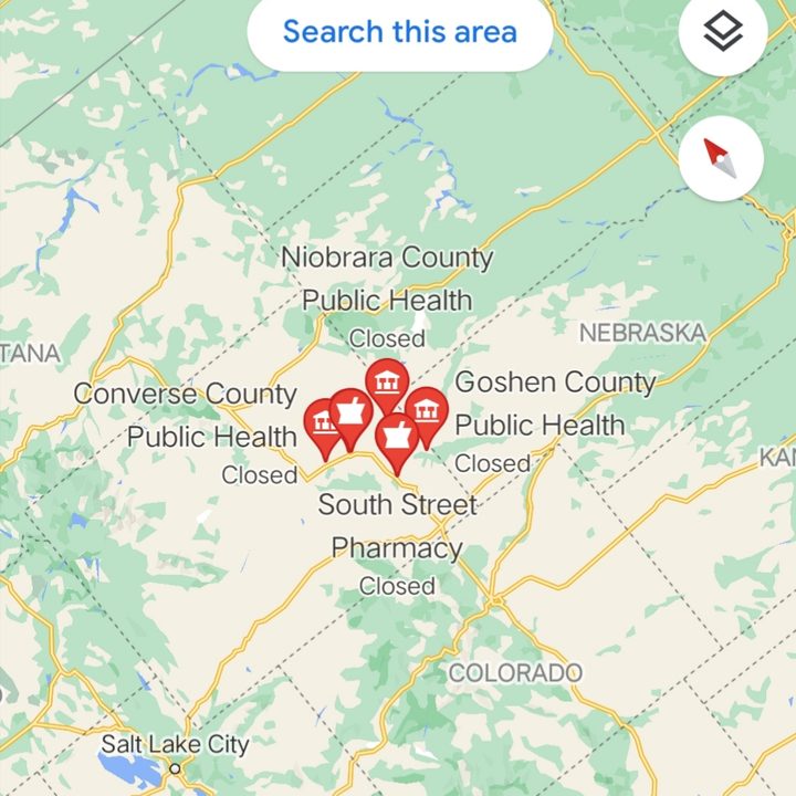 Screenshot of Google Maps app showing COVID vaccine centres.