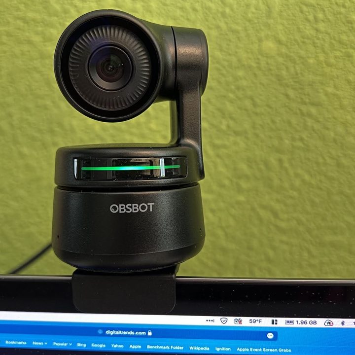Obsbot Tiny powered on with LED lighting