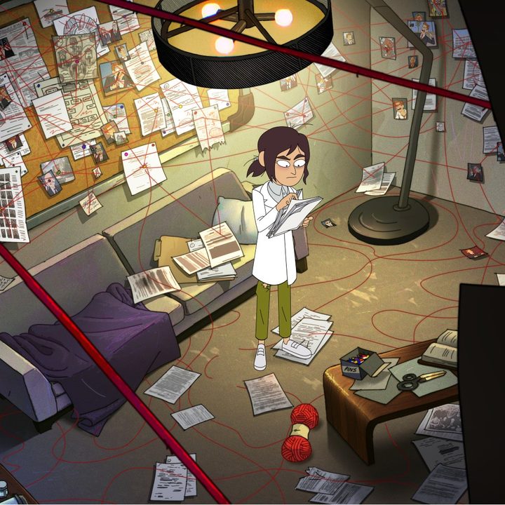 Reagan Ridley contemplates conspiracies in a scene from Netflix's series Inside Job.
