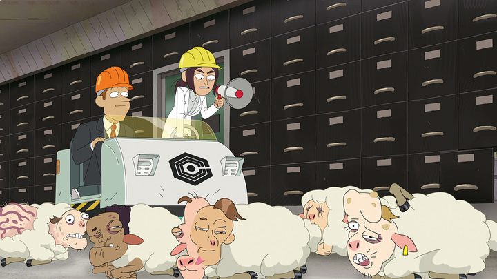 A woman riding a piece of machinery in a warehouse with strange creatures on the floor in a scene from Inside Job on Netflix.