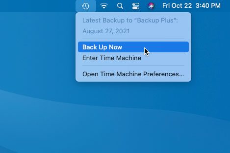 The Time Machine back up option in the MacOS menu bar.