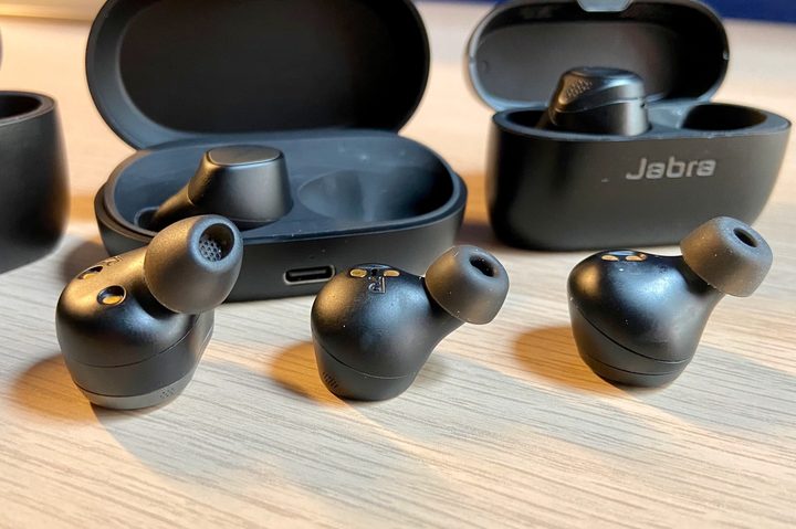 Jabra Elite 7 Pro seen next to Jabra Elite 85t and Elite 75t.