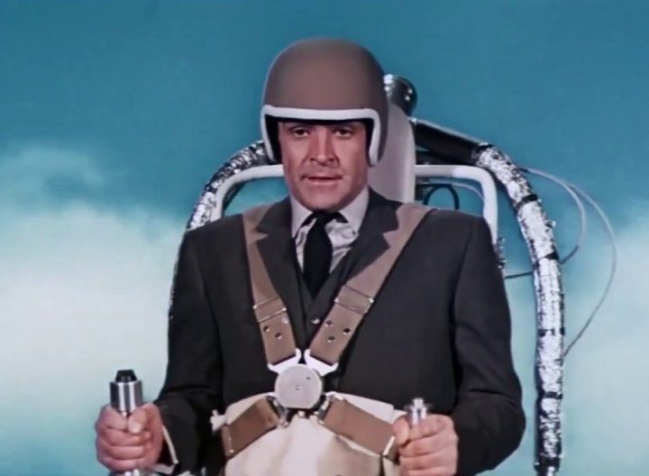 Sean Connery's James Bond uses his jetpack in Thunderball.