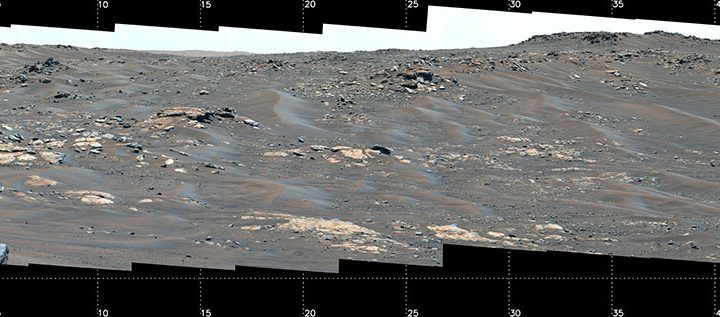 This image indicates the location of several prominent geologic features visible in a mosaic composed of 84 pictures taken by the Mastcam-Z imager aboard NASA's Perseverance rover.