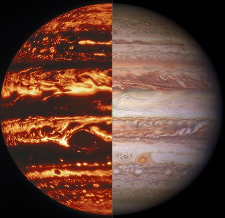 Jupiter's banded appearance is created by the cloud-forming weather layer. This composite image shows views of Jupiter in infrared and visible light taken by the Gemini North telescope and NASA's Hubble Space Telescope.
