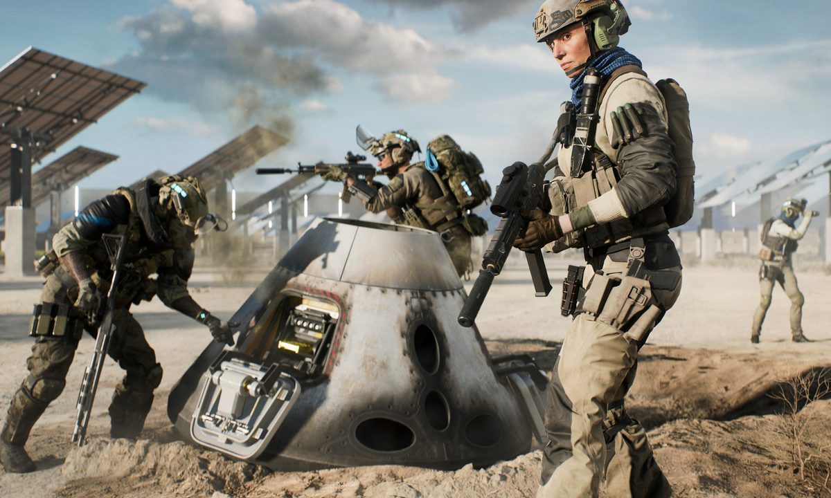 A soldier stands next to a downed satellite in Battlefield 2042 Hazard Zone.