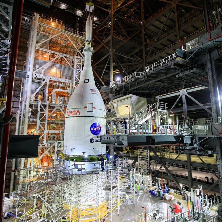 NASA's Orion spacecraft is fully stacked on the Space Launch System rocket at NASA’s Kennedy Space Center in Florida.