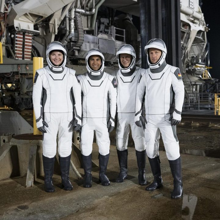 NASA’s SpaceX Crew-3 astronauts participate in a countdown dress rehearsal at the agency’s Kennedy Space Center in Florida on Oct. 28, 2021, to prepare for the upcoming Crew-3 launch. The astronauts are at Launch Pad 39A with the Falcon 9 and Crew Dragon behind them during the rehearsal.