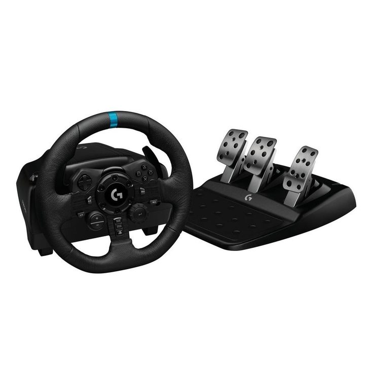 Logitech G923 racing wheel and pedal set for PS5 games.