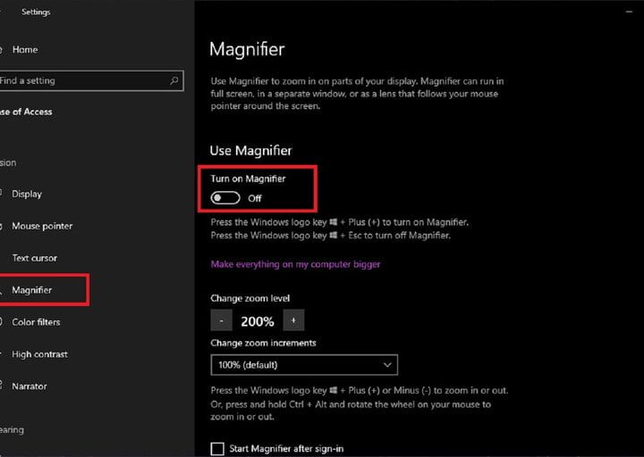 Windows 10 Settings app screenshot showing how to turn on Magnifier via the Settings app.