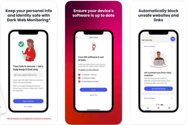 Promotional screens from McAfee Security: VPN & Privacy app.