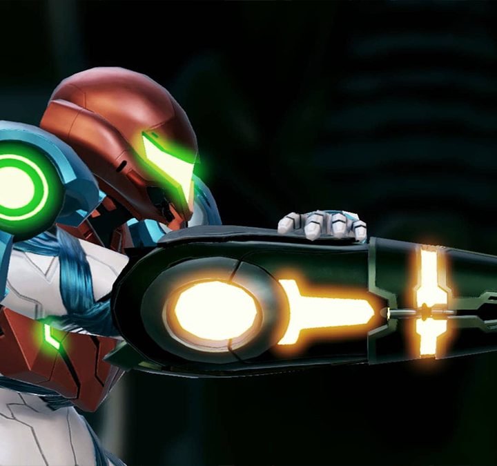 Samus aiming arm cannon in Metroid Dread.