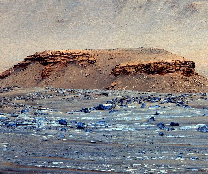 Mastcam-Z enhanced color photo mosaic shows a butte near Jezero crater informally dubbed Kodiak by the rover team.