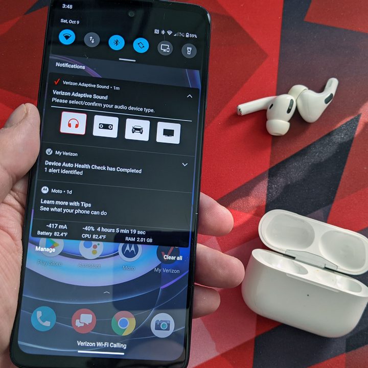 The Motorola Edge 5G UW with Verizon Adaptive Sound and iPods Pro.