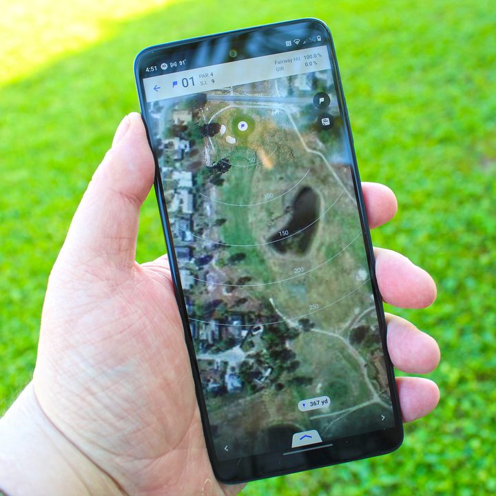 The Motorola Edge 5G UW outside with a golf app.