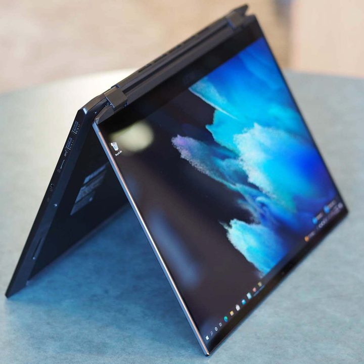 MSI Summit E16 Flip folded backwards in a tent fold.