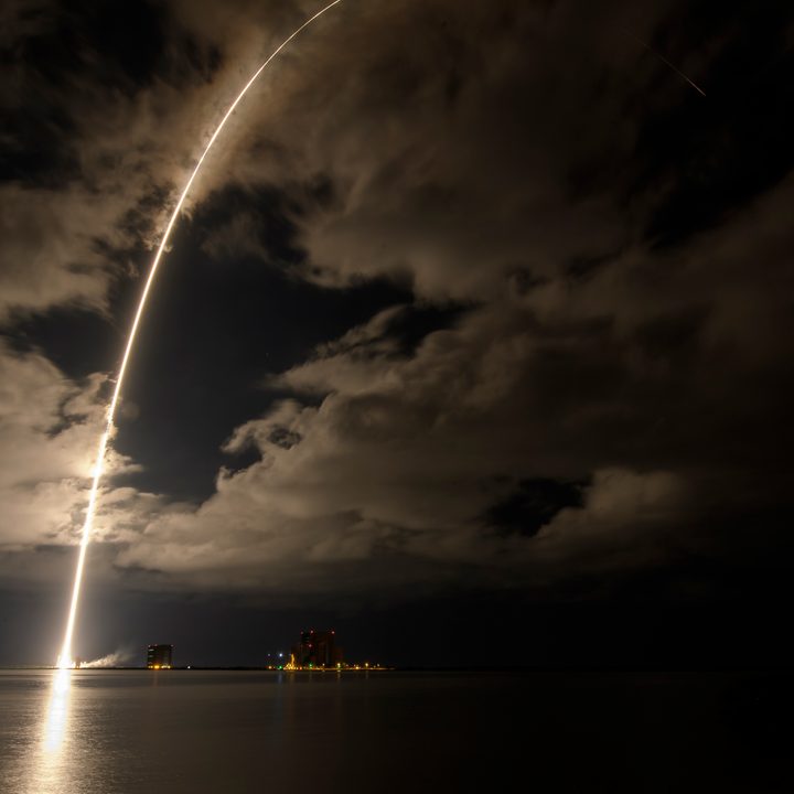 A United Launch Alliance Atlas V rocket with the Lucy spacecraft aboard is seen in this 2 minute and 30-second exposure photograph.