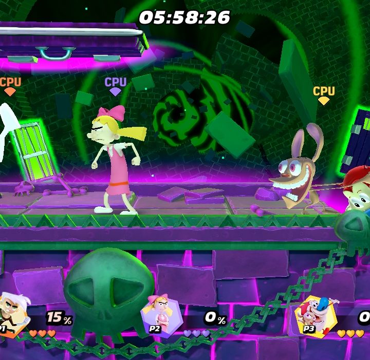 Danny Phantom, Helga of Hey Arnold, and Ren and Stimpy fighting in a ghost portal.