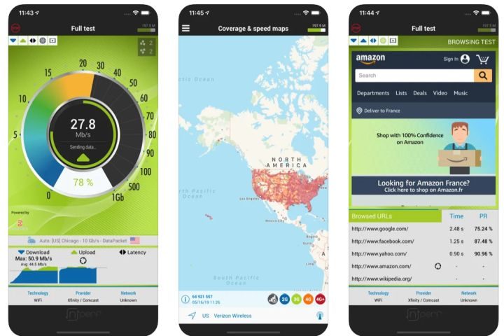 Screenshots of NPerf internet speed checker app on iOS.