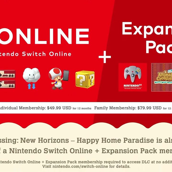 Nintendo Switch Online + Expansion Pack Pricing.