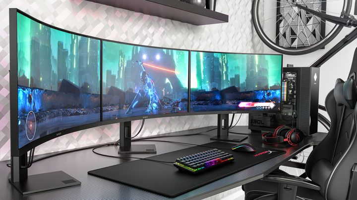 Three Omen 27C monitors side by side.