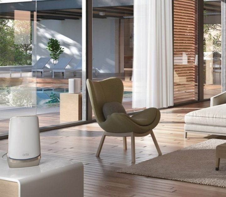 The Netgear Orbit Wi-Fi 6E mesh system in the interior of a house.