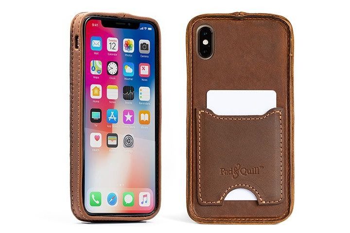Pad & Quill Deluxe Traveler Case for iPhone XS Max in tan leather, showing card slots.