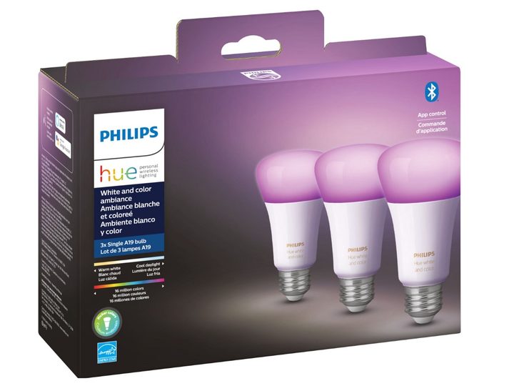 Philips hue white and color ambiance light bulbs in box.