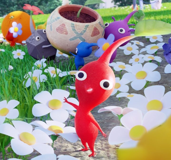 Pikmin grow flowers as they walk in a park.
