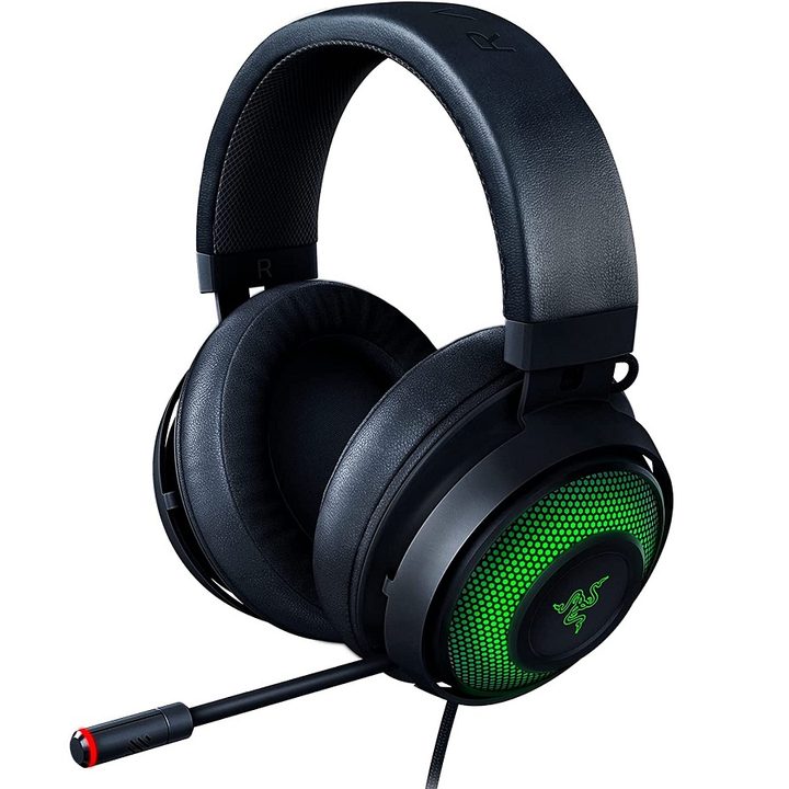 The Razer Kraken Ultimate gaming headset with the lights on.