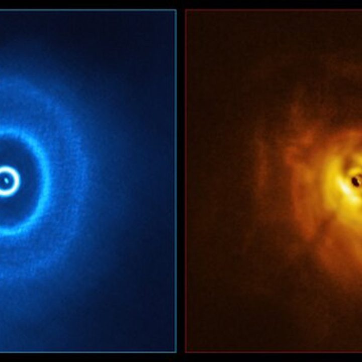 GW Orionis, a triple star system with a mysterious gap in its surrounding dust rings. UNLV astronomers hypothesize the presence of a massive planet in the gap, which would be the first planet ever discovered to orbit three stars. The left image, provided by the Atacama Large Millimeter/submillimeter Array (ALMA) telescope, shows the disc’s ringed structure, with the innermost ring separated from the rest of the disc. The observations in the right image show the shadow of the innermost ring on the rest of the disc. UNLV astronomers used observations from ALMA to construct a comprehensive model of the star system.