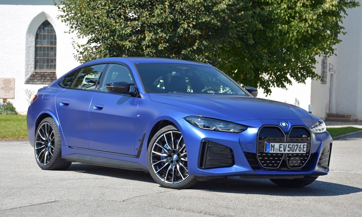 A 2022 BMW i4 M50 in a driveway.