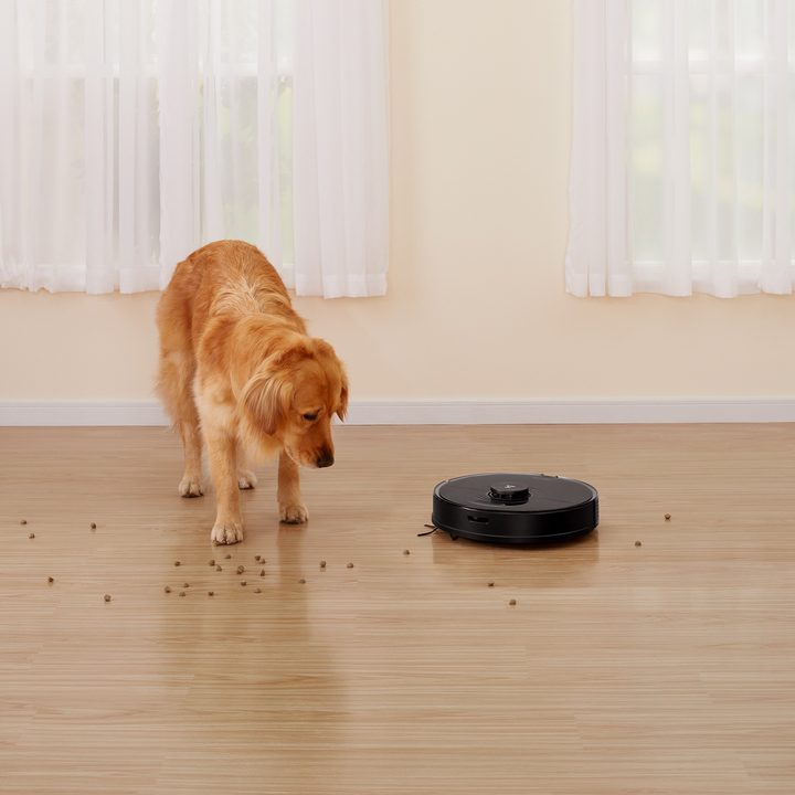 Roborock S7 smart vacuum cleaning up after pet.
