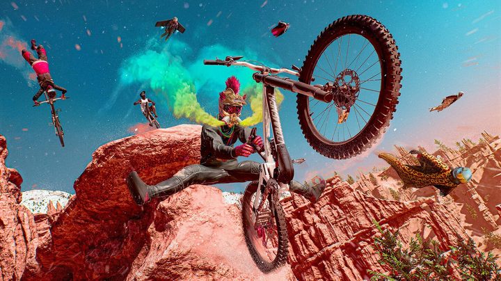 A biker does a trick in Riders Republic.