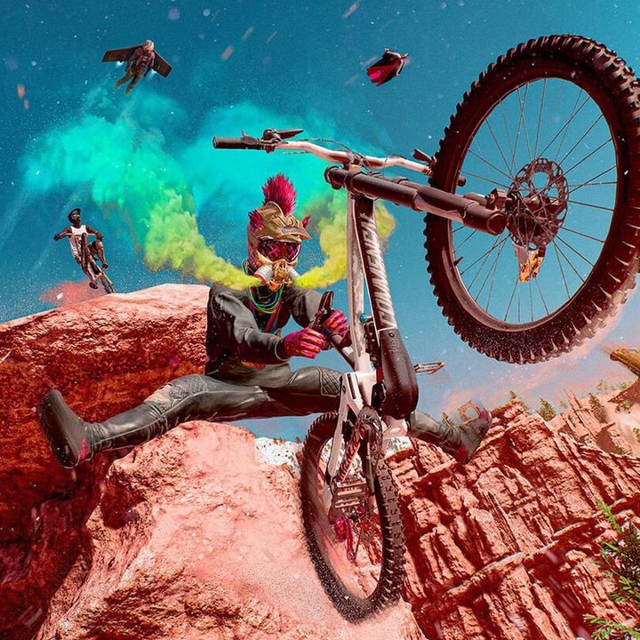 A biker does a trick in Riders Republic.