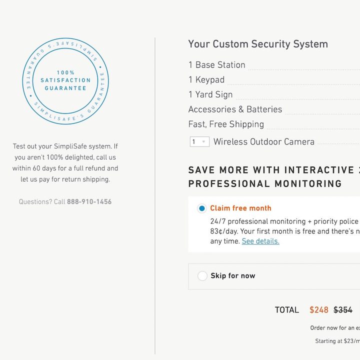 The base pricing for a Simplisafe system with Outdoor Camera.