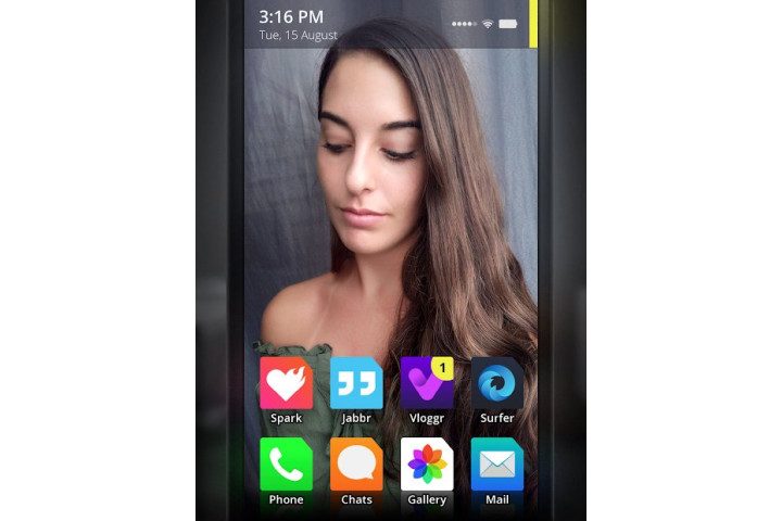Simulacra game showing a young woman's photo and various mobile apps.