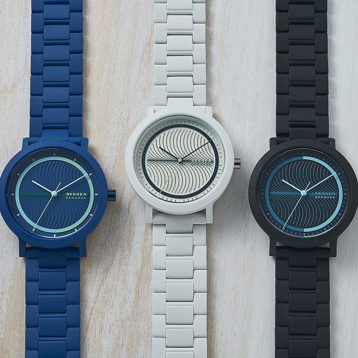 Skagen ocean recycled plastics watches in blue white and black colors.