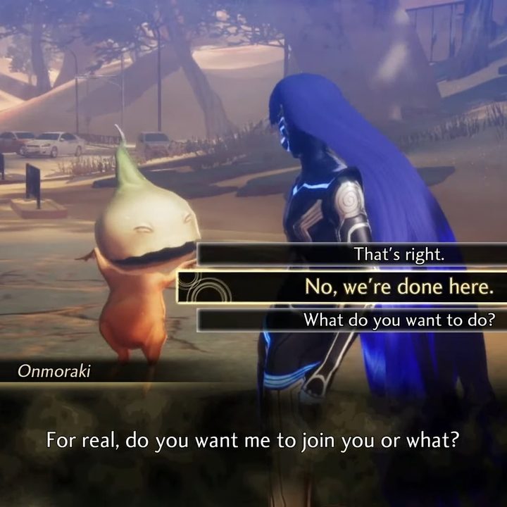 Shin Megami Tensei 5's protagonist talking with a demon.