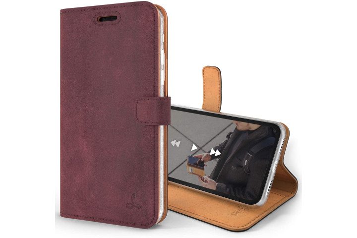 Snakehive Vintage Leather Wallet in Plum for iPhone X showing the front of case and kickstand.