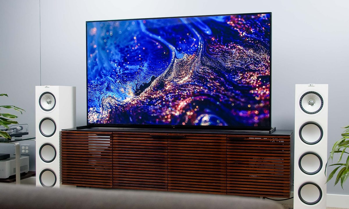 Sony Z9J TV with an image of multicolor, glittery swirls on screen.