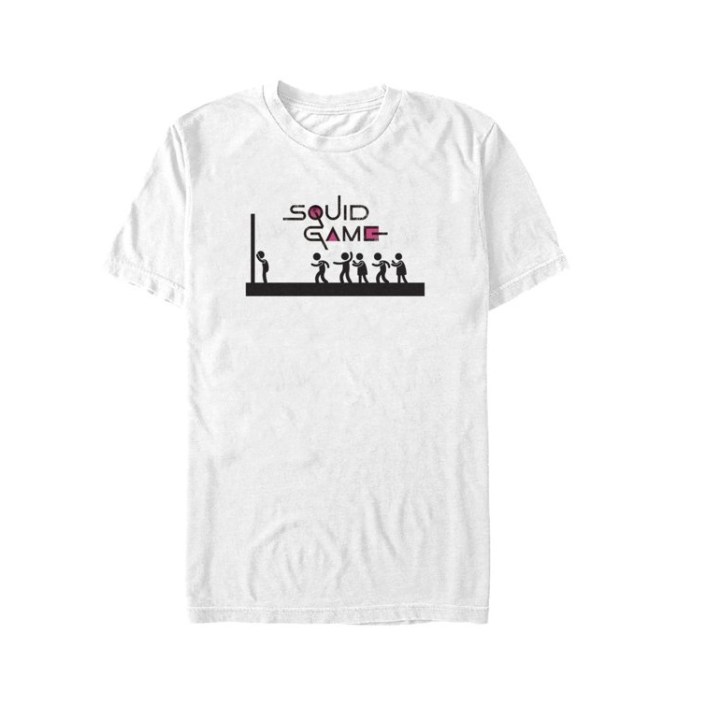 Squid Game stick figure graphic tee playing red light green light.