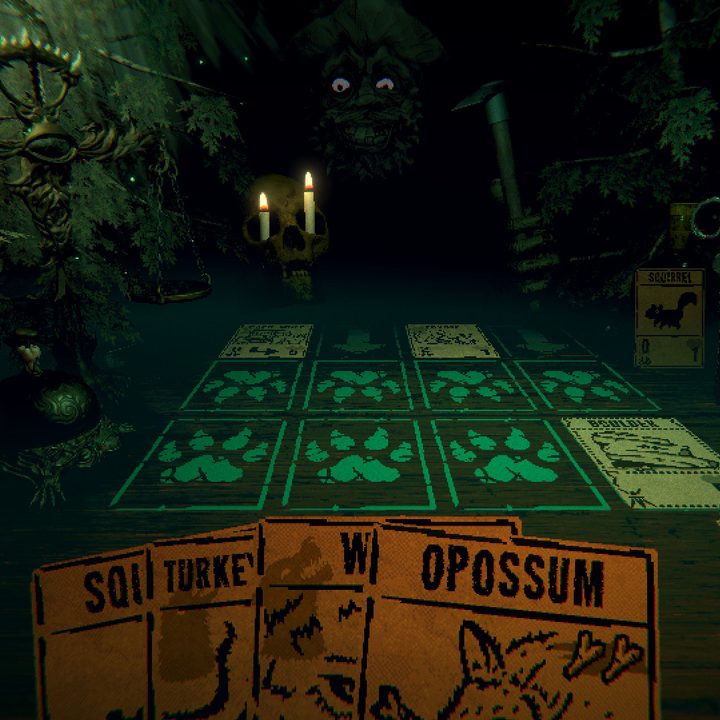 A player holds a deck of cards in Inscryption.