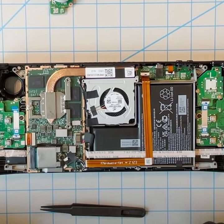 A closeup of the Steam Deck teardown showing the exposed SSD and heat sink.