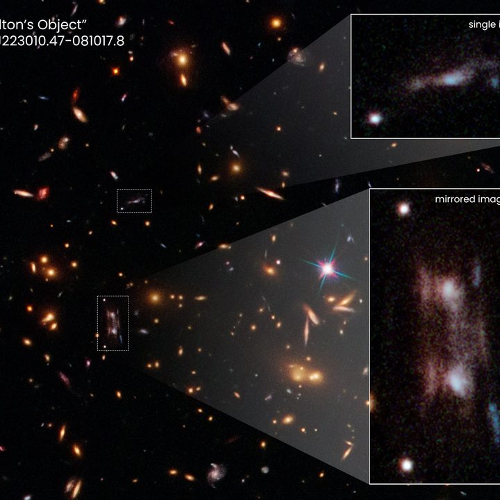 This Hubble Space Telescope snapshot shows three magnified images of a distant galaxy embedded in a cluster of galaxies.
