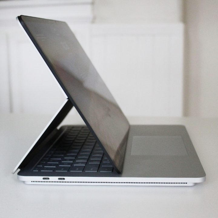 The Surface Laptop Studio from the side, pulled forward in Stage Mode.