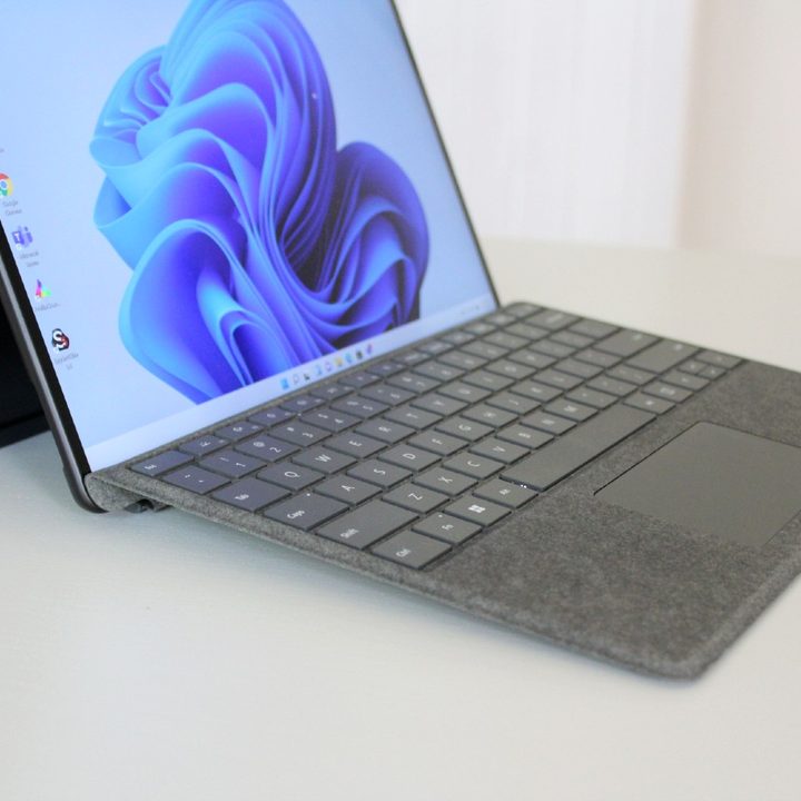 The keyboard tilted up on the Surface Pro 8.