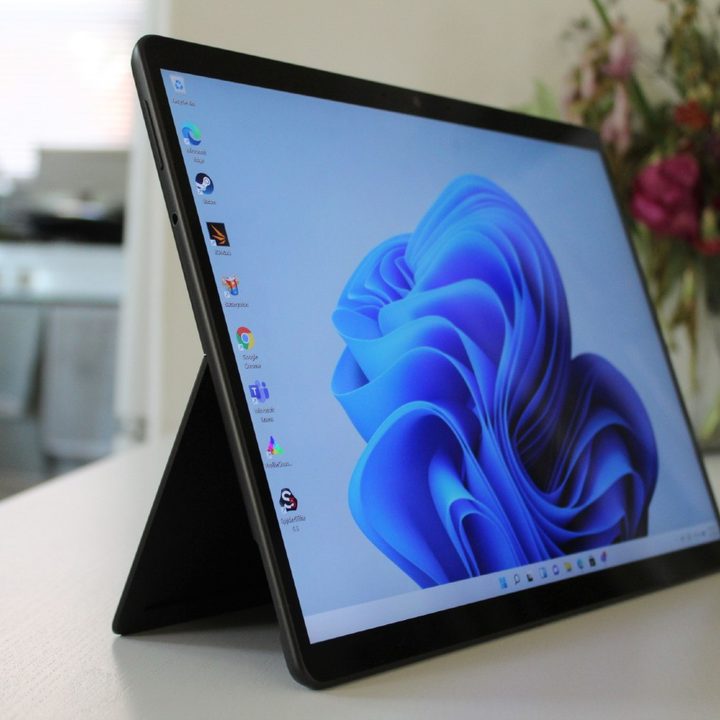 The Surface Pro 8 with its kickstand pulled out.
